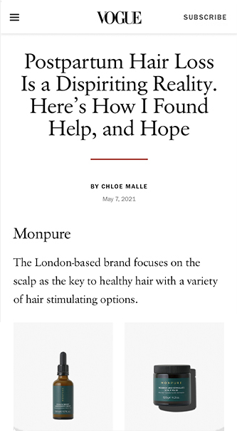 Monpure hair care products including a brown glass dropper bottle and a dark green jar for scalp treatment