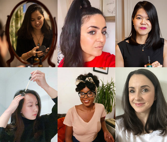 Collage of diverse women using and holding MONPURE scalp skincare products in various home settings