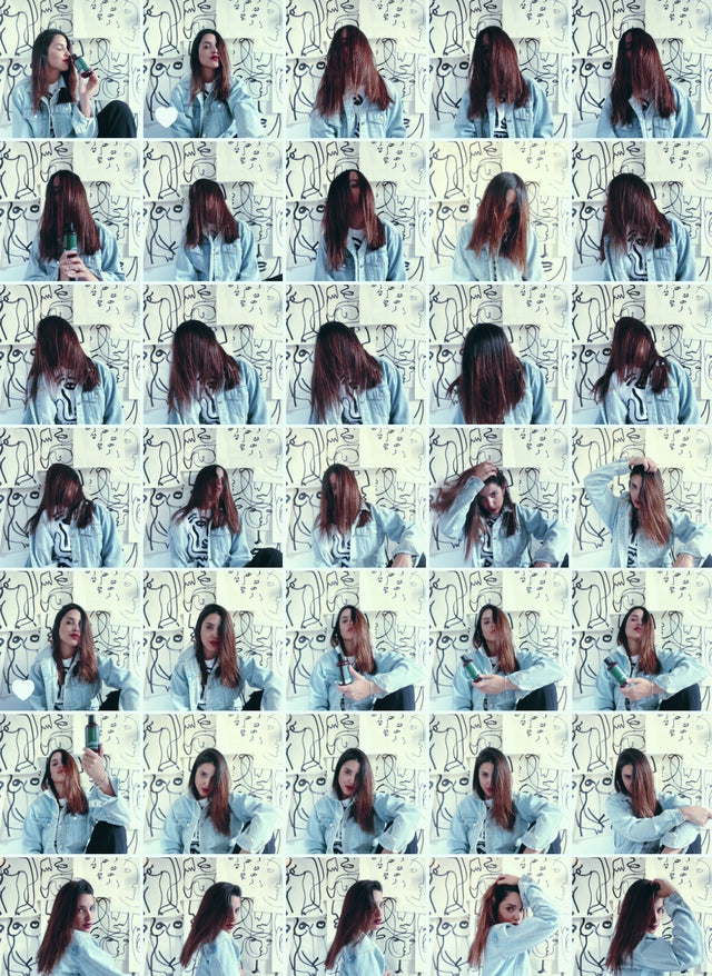 Collage of a woman with long brown hair wearing a light blue denim jacket against a black and white abstract face art background