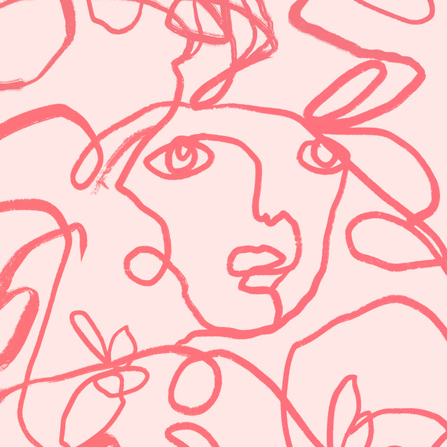 Abstract continuous line drawing of a face with floral and leaf motifs in coral pink on pale pink background