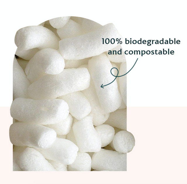 White biodegradable and compostable packaging chips made from eco-friendly material