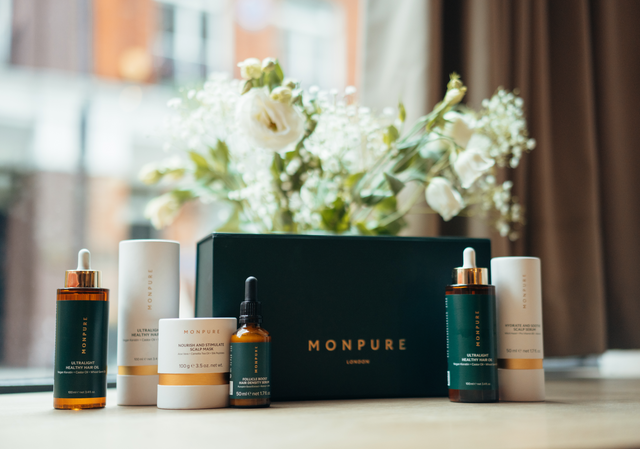 Monpure hair care set with ultralight healthy hair oil, scalp mask, hair density serum, and scalp serum in green and white packaging