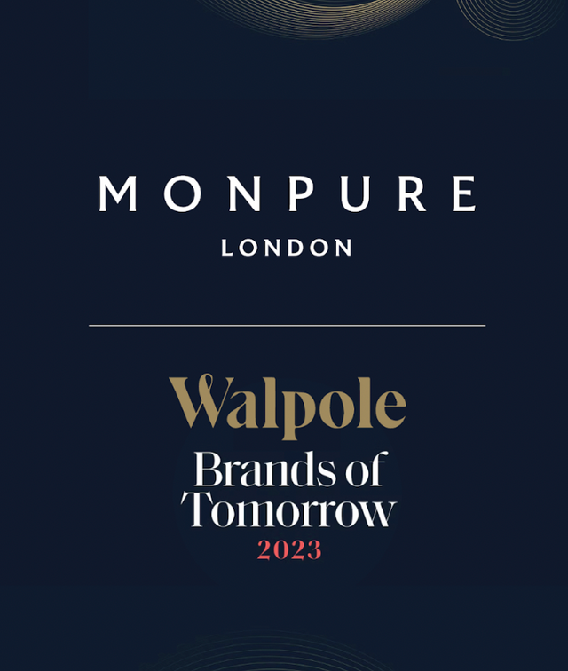 Monpure London logo with Walpole Brands of Tomorrow 2023 award text on dark blue background