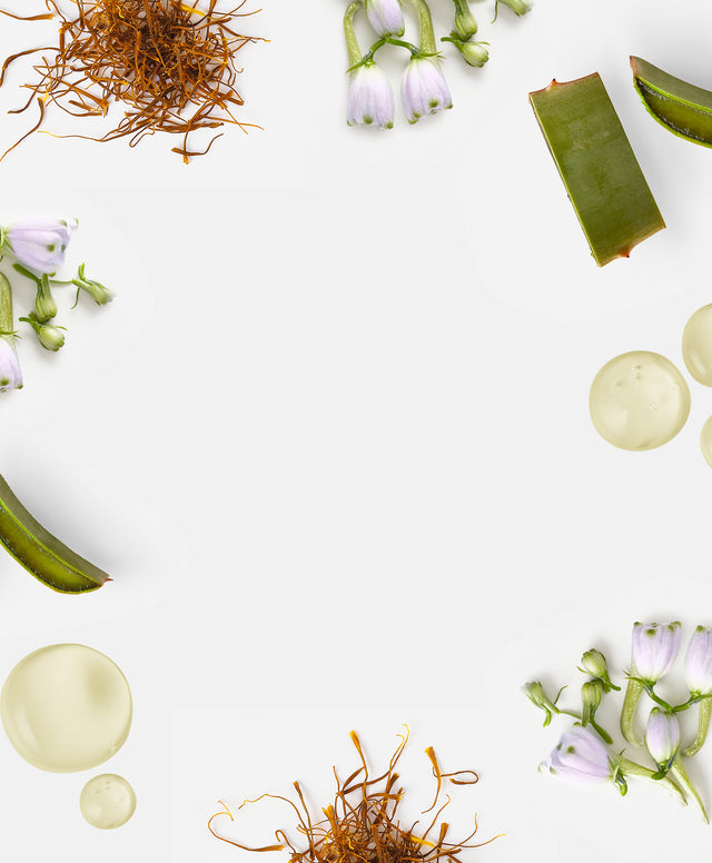 Natural ingredients including aloe vera slices, purple bell-shaped flowers, dried orange roots, and clear gel drops on white background