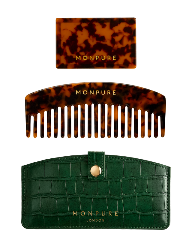 Tortoiseshell patterned comb and mirror with dark green faux leather travel case