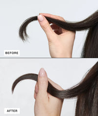 Comparison of dark brown hair ends before and after using Ceramide Complex Bond Repair Regime, showing smoother and healthier hair