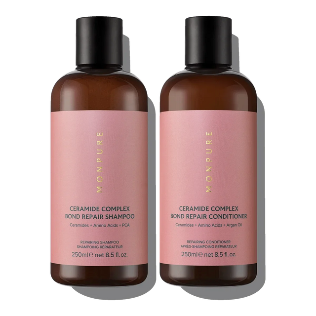 Two brown bottles with pink labels containing Ceramide Complex Bond Repair Shampoo and Conditioner