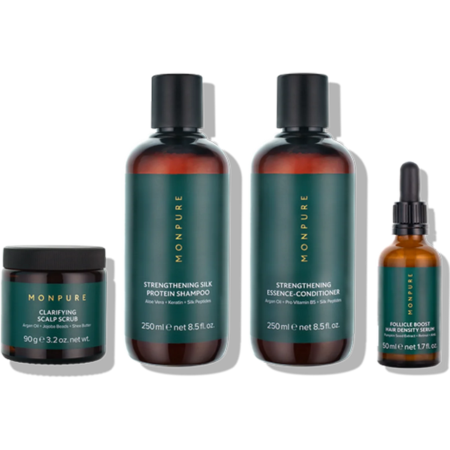 Set of four Monpure hair care products including scalp scrub, protein shampoo, conditioner, and hair density serum