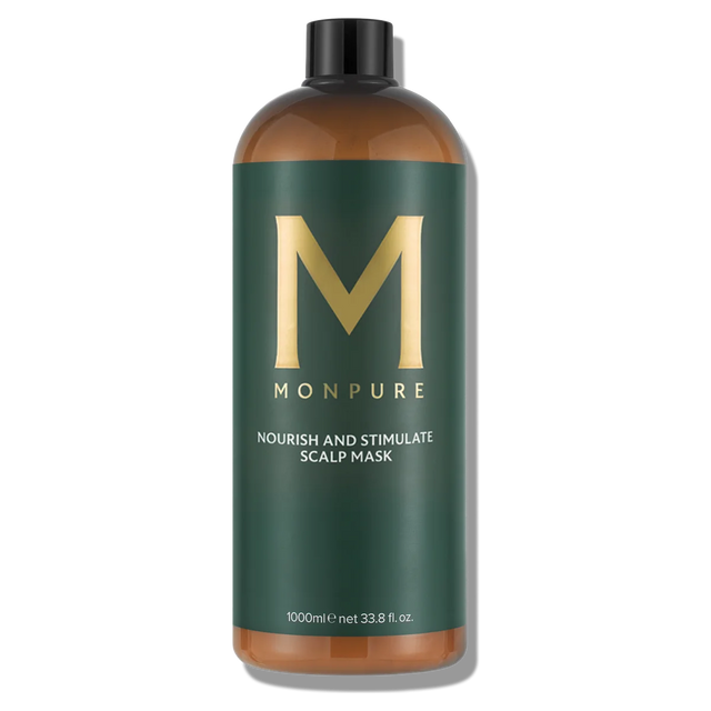 Large brown bottle with dark green label and gold lettering containing scalp mask treatment