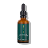 Amber glass bottle with green label containing Follicle Boost Hair Density Serum with dropper cap