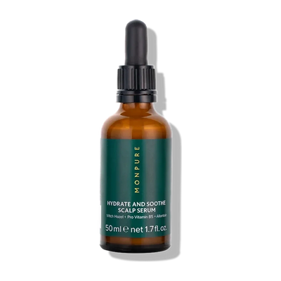 Amber glass bottle with black dropper containing Hydrate and Soothe Scalp Serum with green label