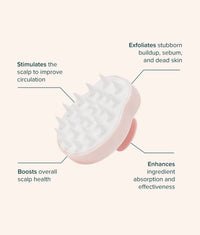 Pink and white scalp massage brush with soft silicone bristles for exfoliating and stimulating scalp