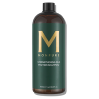 Large brown bottle of Monpure Strengthening Silk Protein Shampoo with dark green label
