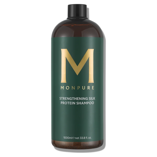 Large brown bottle of Monpure Strengthening Silk Protein Shampoo with dark green label