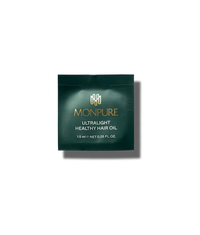 Small dark green sachet of Monpure ultralight healthy hair oil 1.5ml sample packet