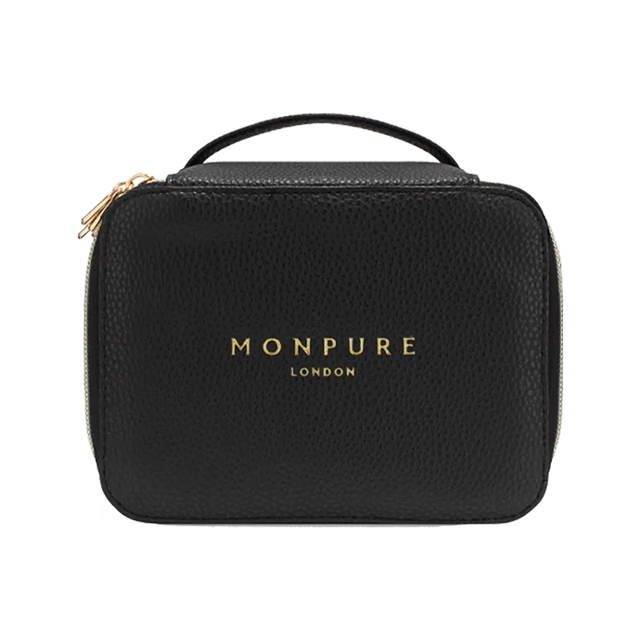 Black vegan leather beauty case with gold zipper and Monpure London logo