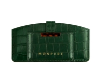 Dark green crocodile-patterned leather travel set with comb and mirror, gold Monpure logo