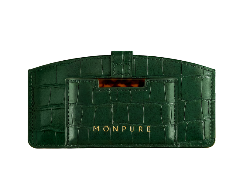Dark green crocodile-patterned leather travel set with comb and mirror, gold Monpure logo