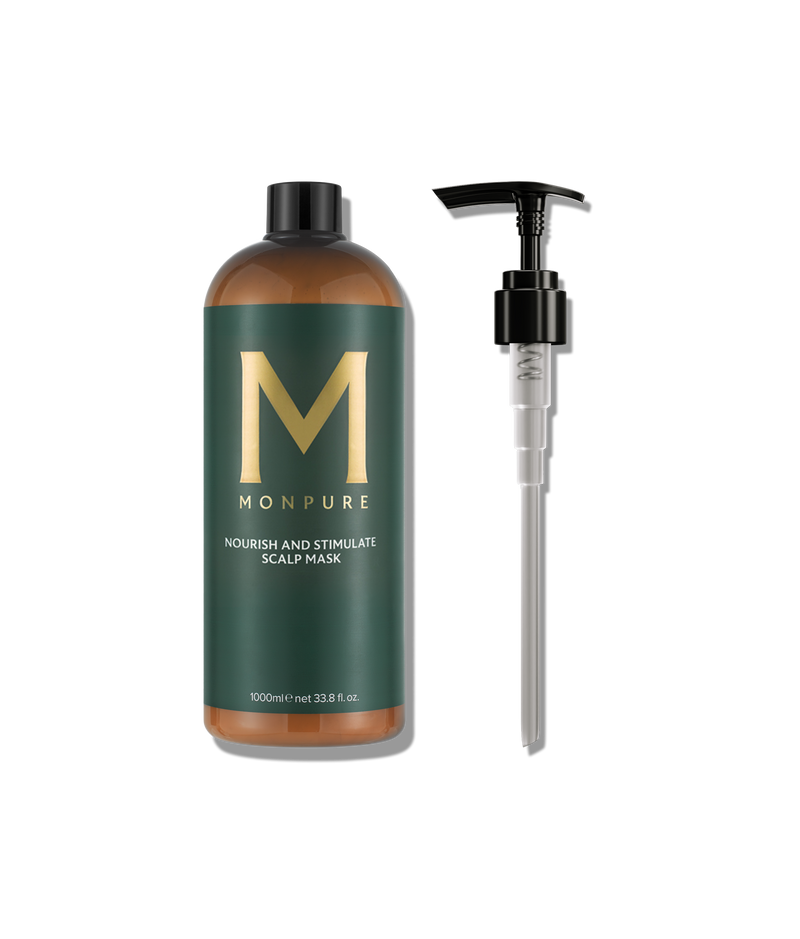 Monpure scalp mask bottle with pump on a white background