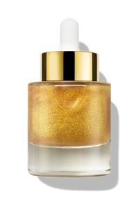 Glass bottle of golden shimmer and hydrate hair and body oil with white dropper and gold cap