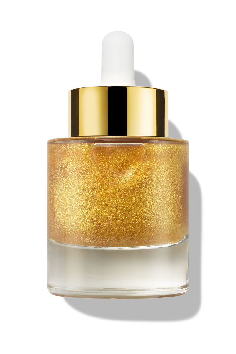 Glass bottle of golden shimmer and hydrate hair and body oil with white dropper and gold cap