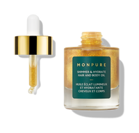 Glass bottle of golden shimmer and hydrate hair and body oil with dropper and gold cap