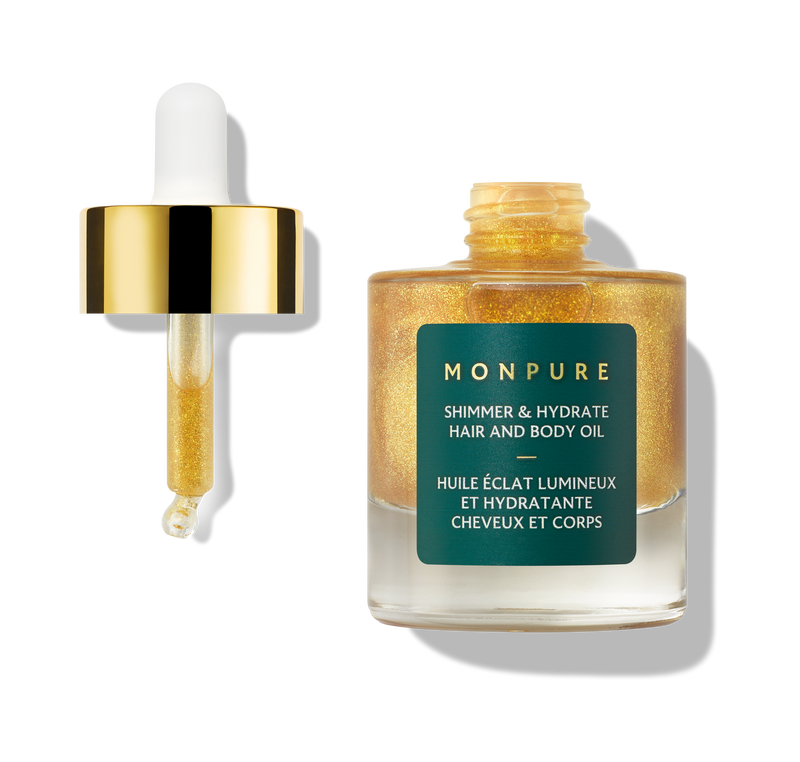 Glass bottle of golden shimmer and hydrate hair and body oil with dropper and gold cap