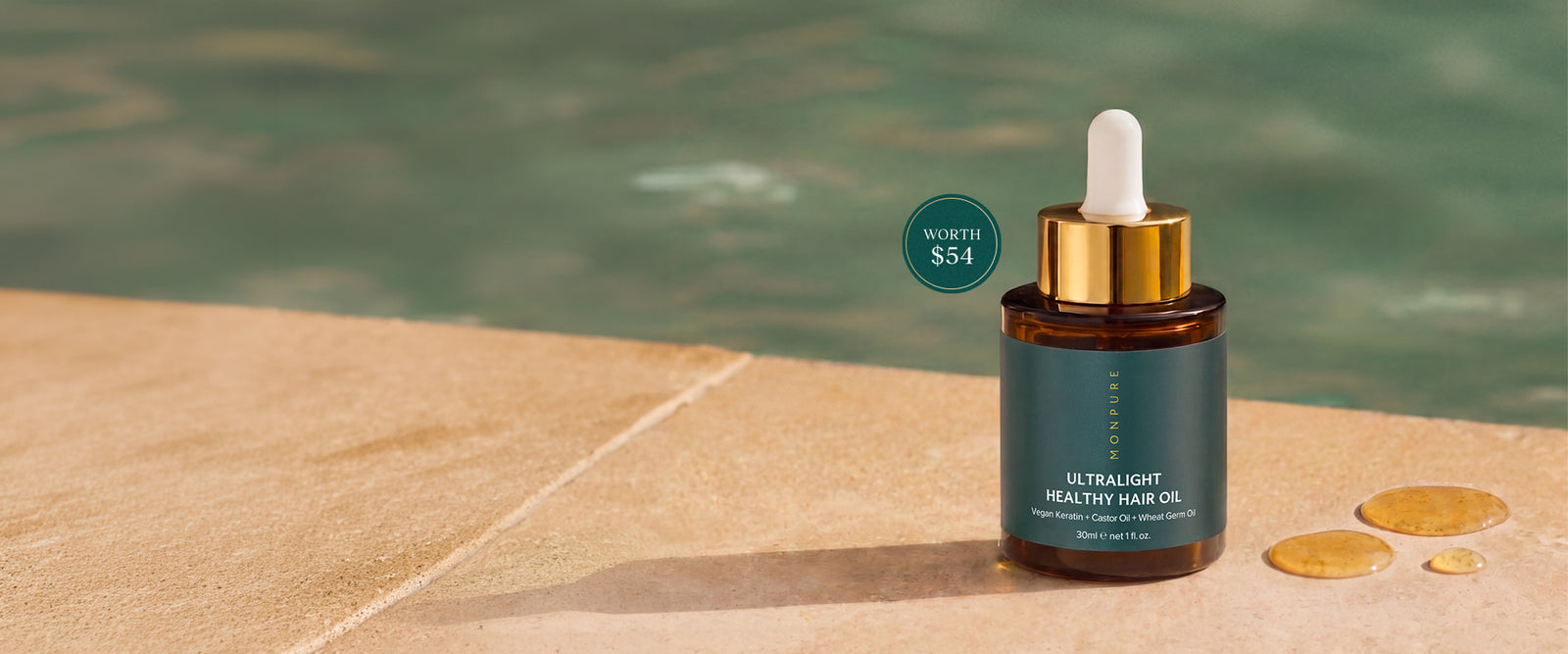 Free Ultralight Healthy Hair Oil promotion banner - bottle by the pool