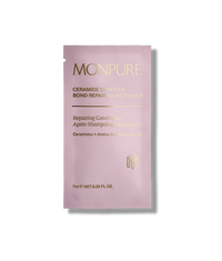 Monpure Ceramide Complex Bond Repair Conditioner sachet in soft pink with gold text, 7ml