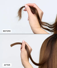 Before and after comparison of brown hair held by hand showing damaged ends versus smooth, repaired ends
