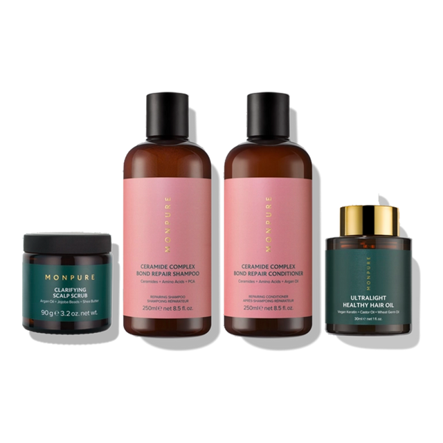 Ceramide Complex Bond Repair Regime - full set of Monpure hair care products on transparent background