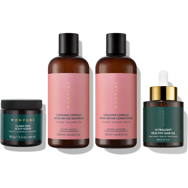Monpure Ceramide Complex Bond Repair Regime with shampoo, conditioner, scalp scrub, and hair oil in brown and green bottles