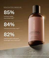 Brown bottle with pink label of Ceramide Complex Bond Repair Shampoo on marble surface with usage results text