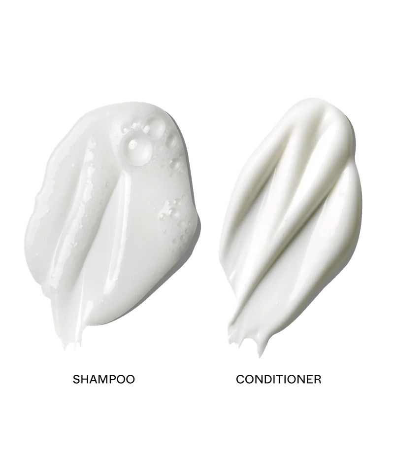 Two white creamy and foamy textured swatches representing shampoo and conditioner products