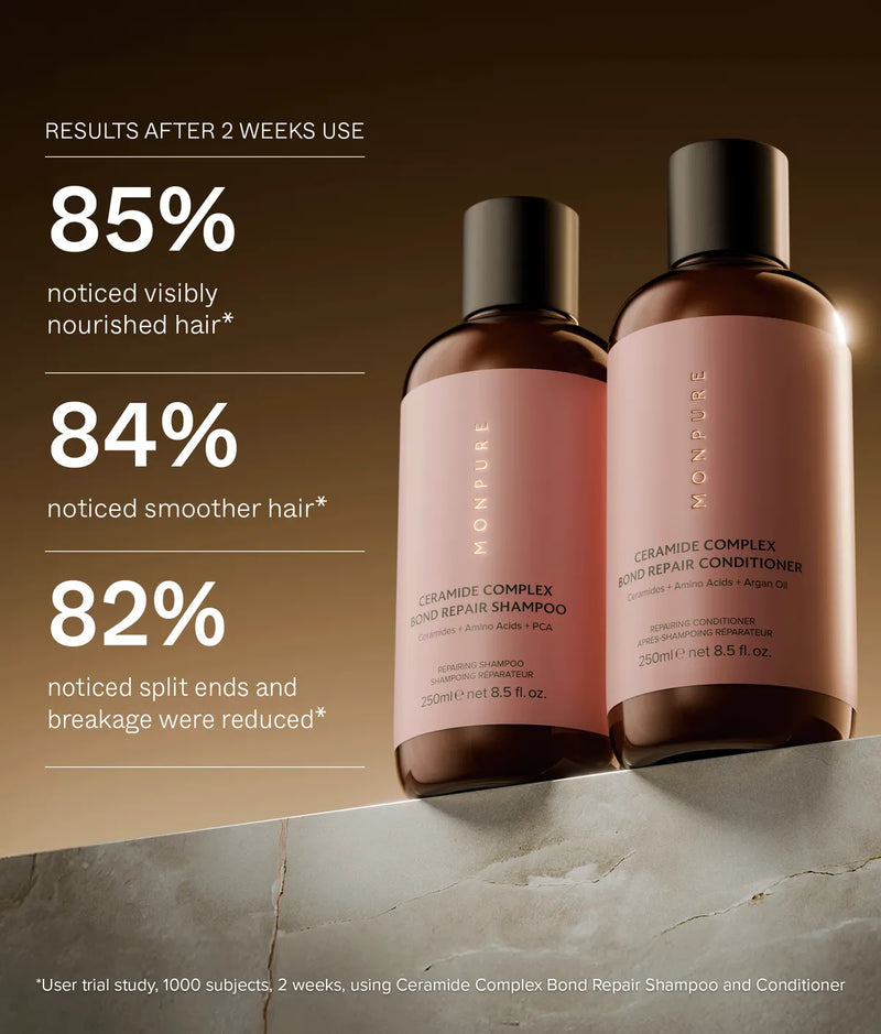 Ceramide Complex Bond Repair Shampoo and Conditioner bottles with pink labels on marble surface