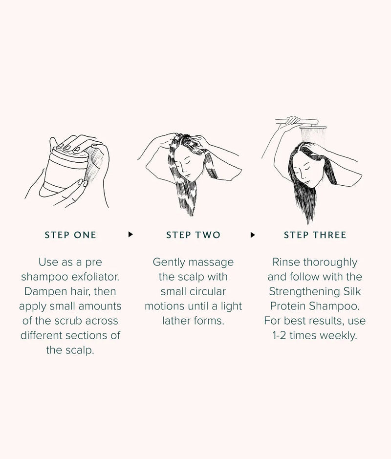 Hand holding a jar of scalp scrub, woman massaging scalp, and rinsing hair under shower