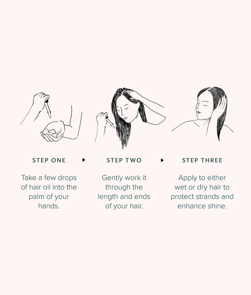 Illustrations showing steps to apply hair oil for shine and protection on wet or dry hair