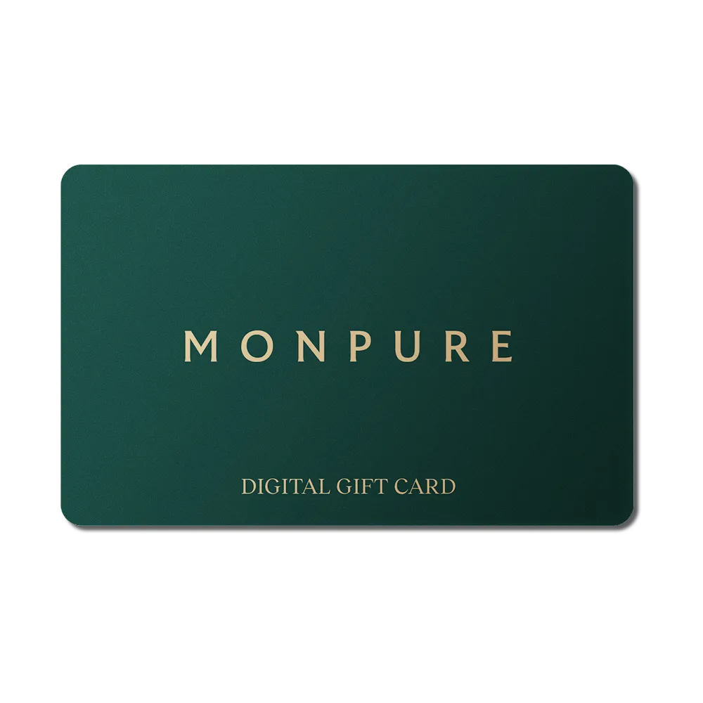 Dark green digital gift card with gold MONPURE logo and text on front