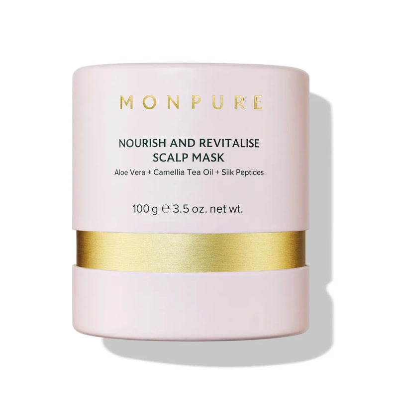 Monpure Nourish and Revitalise Scalp Mask in pale pink jar with gold band, 100g