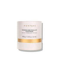 White and gold jar of Monpure Nourish and Stimulate Scalp Mask with aloe vera and camellia tea oil