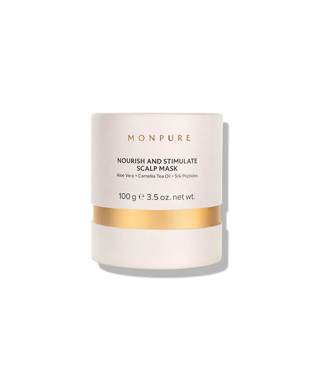 White and gold jar of Monpure Nourish and Stimulate Scalp Mask with aloe vera and camellia tea oil