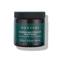 Dark brown jar with black lid containing Monpure Nourish and Stimulate Scalp Mask with aloe vera and camellia tea oil