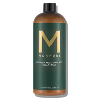 Large brown bottle with dark green label and gold lettering containing scalp mask treatment