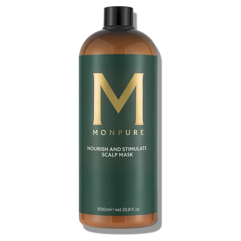 Large brown bottle with dark green label and gold lettering containing scalp mask treatment