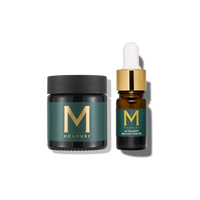 Monpure Prepare & Finish Travel Set with dark glass jar and dropper bottle, green and gold labels