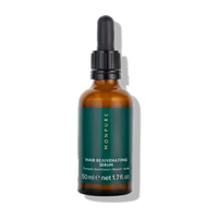 Amber glass bottle with dark green label containing hair rejuvenating serum with dropper cap