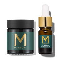 Monpure Prepare & Finish Travel Set with dark glass jar and dropper bottle, green and gold labels