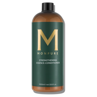 Large amber plastic bottle with dark green label and gold lettering for strengthening essence-conditioner