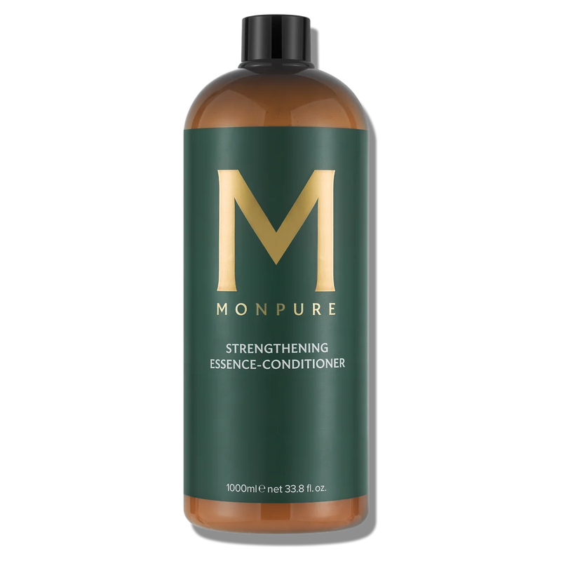 Large amber plastic bottle with dark green label and gold lettering for strengthening essence-conditioner