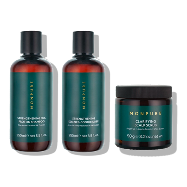 The New Essentials Regime - full set of Monpure hair care products on transparent background